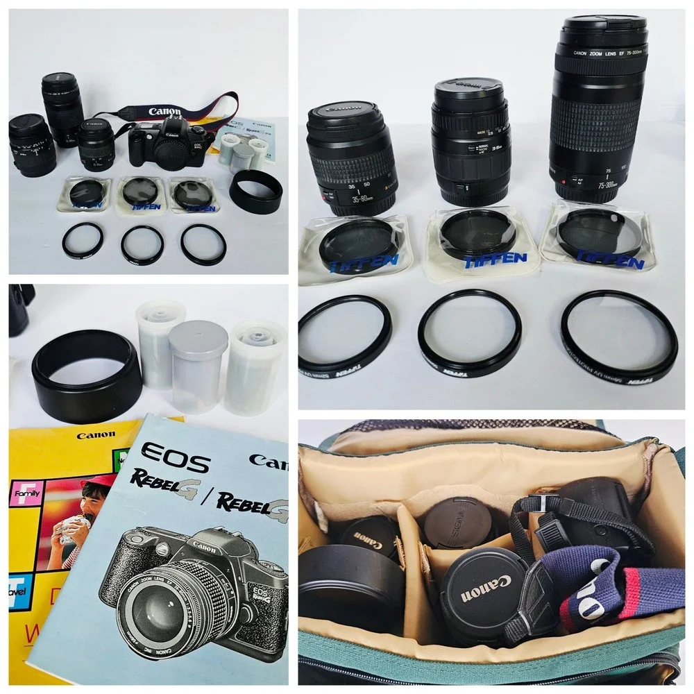 Vtg Y2K Canon EOS Rebel G 35mm SLR Film Camera Bundle w/ 3 Lenses & Bag Retro